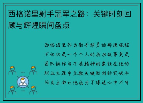 西格诺里射手冠军之路：关键时刻回顾与辉煌瞬间盘点